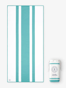 An oversized, quick drying aqua blue and white striped microfiber beach towel laid out next to a matching travel bag.