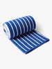 A rolled-up, blue and white striped cabana beach towel. 