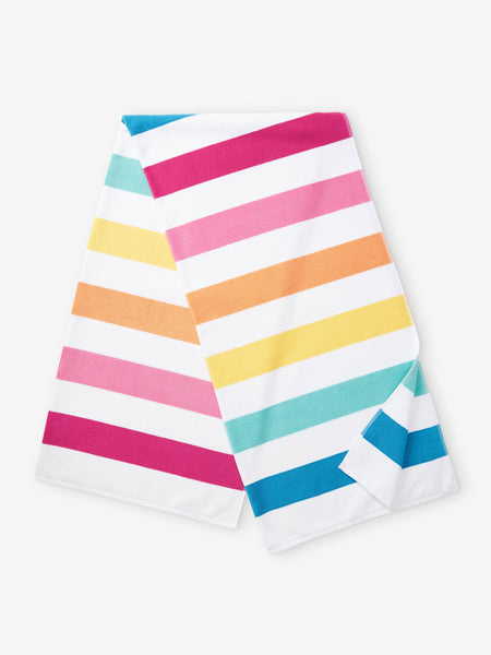 A folded multicolor striped cabana beach towel.
