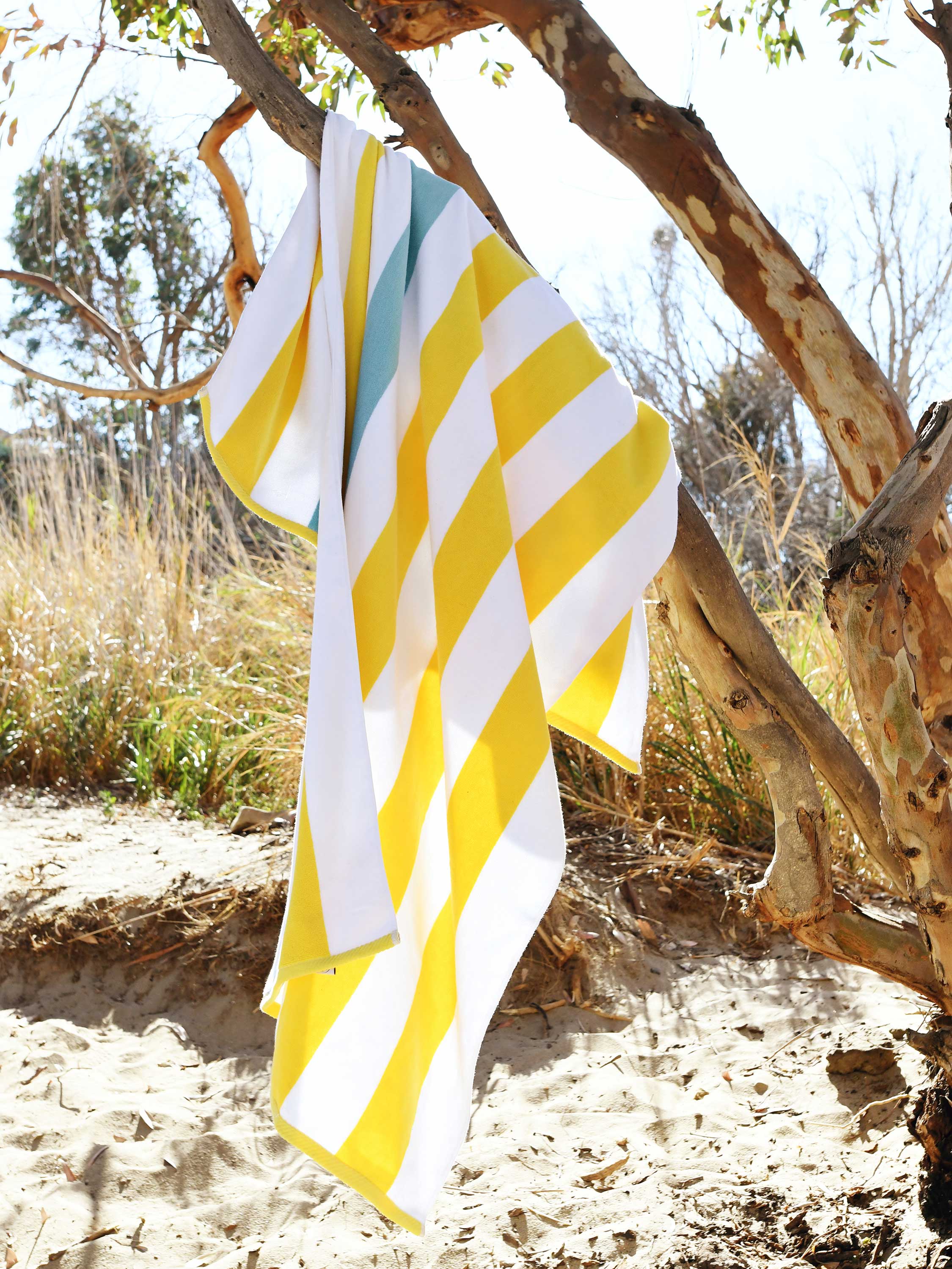 2-Set Yellow/White Striped Cabana Beach Towels Large Pool Bath Terry Cotton