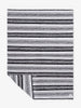 A traditional, hand-woven Mexican blanket in black, white, and gray with white fringe spread out.