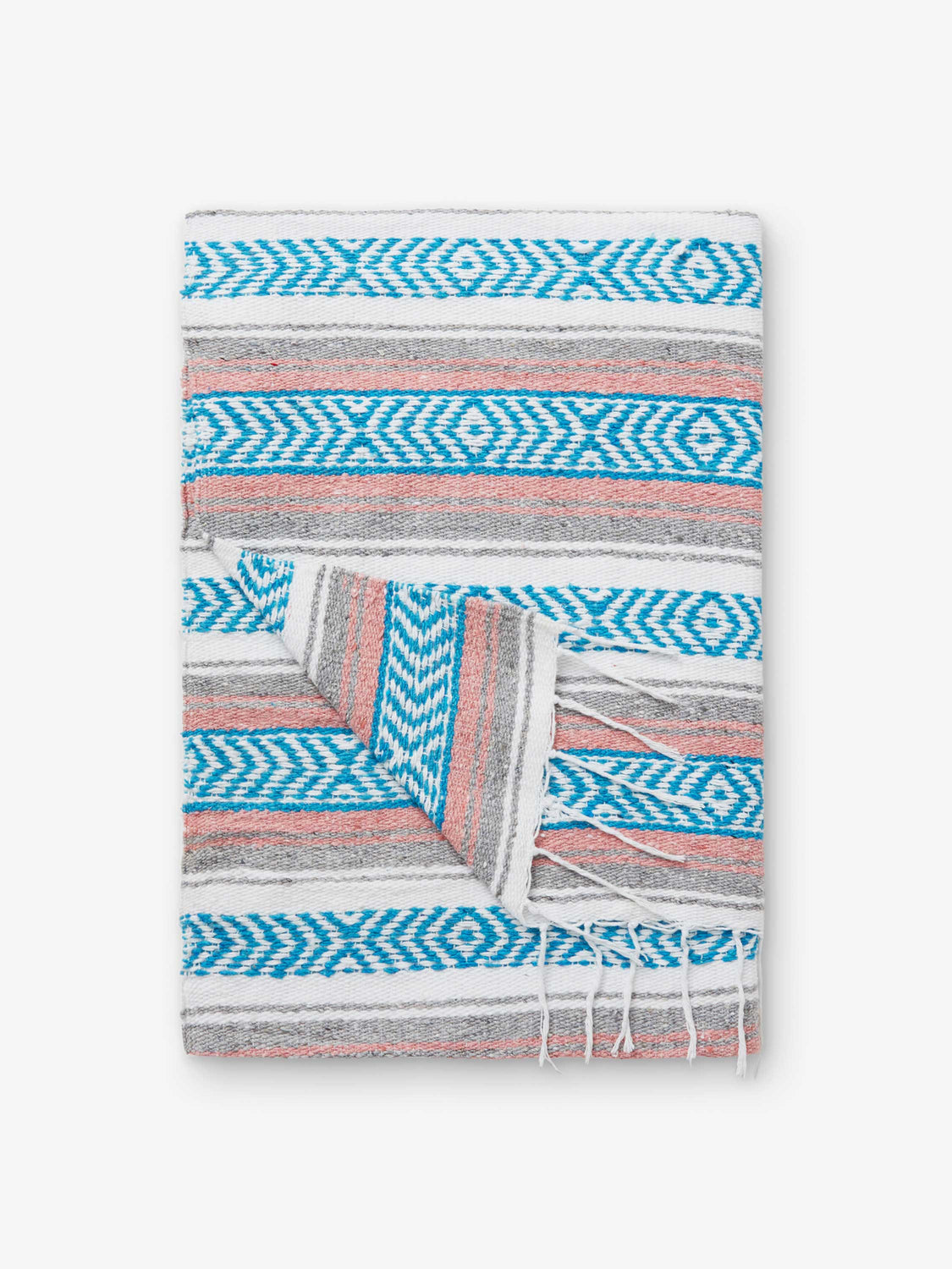 A folded traditional, hand-woven Mexican blanket in blue, pink, and gray.  