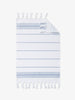 A close-up of a lightweight and absorbent, blue and white striped Turkish cotton and terry cloth hand towel. 